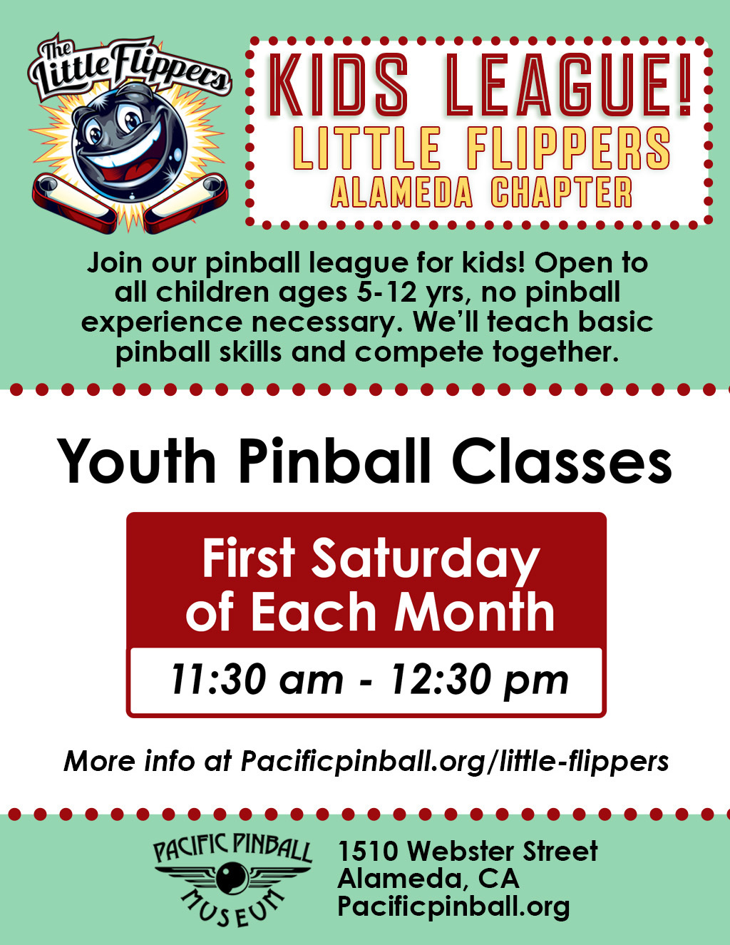 Pacific Pinball Museum Flippers KIDS LEAGUE in Alameda! promotion flier on Digifli.com