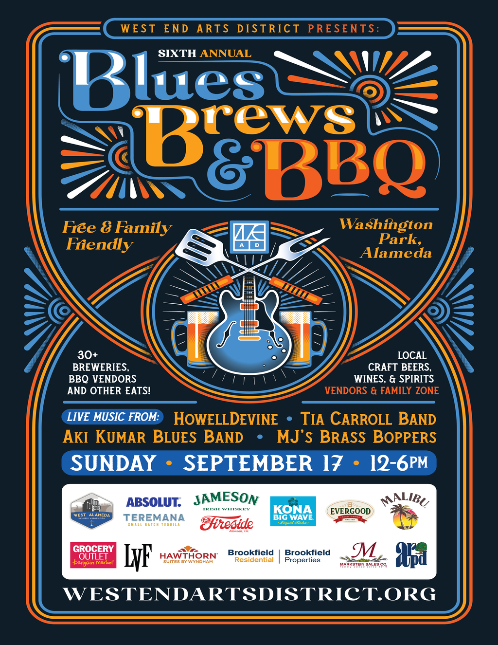  West End Arts District Presents  Sixth Annual Blues Brews BBQ promotion flier on Digifli com