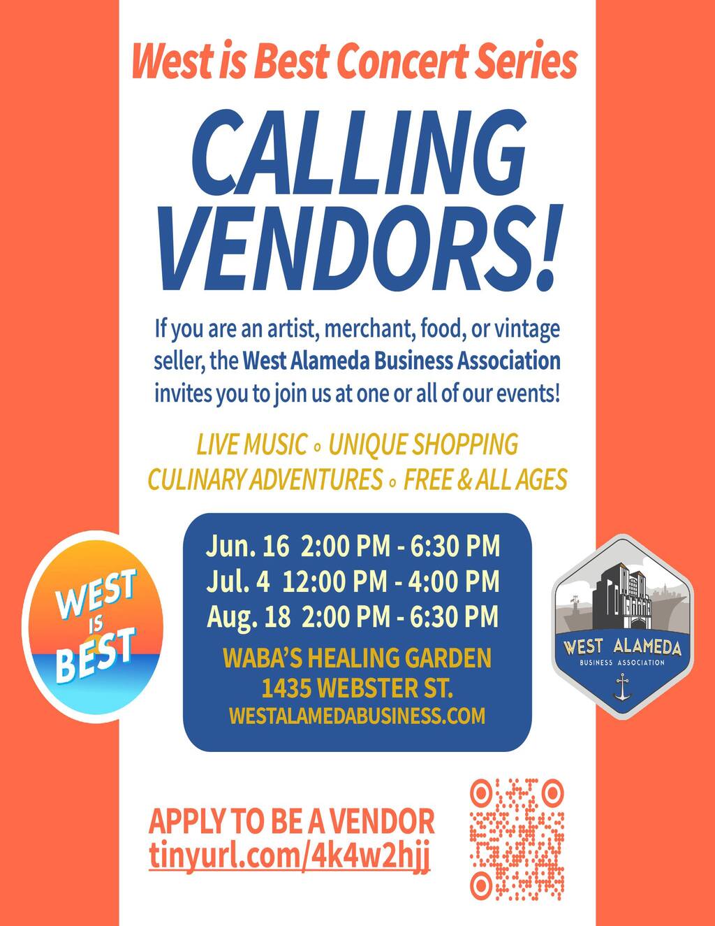 West Alameda Business Association West is Best Concert Series CALLING VENDORS  promotion flier on Digifli com