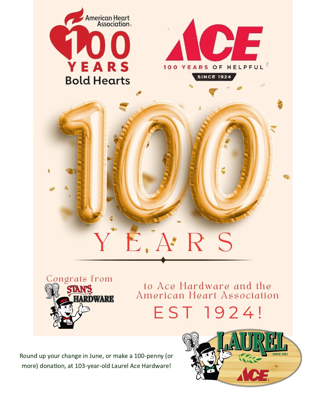 Laurel Ace Hardware Congratulations to Ace Hardware and the American Heart Association on 100 Years of Helpful Hearts  promotion flier on Digifli com