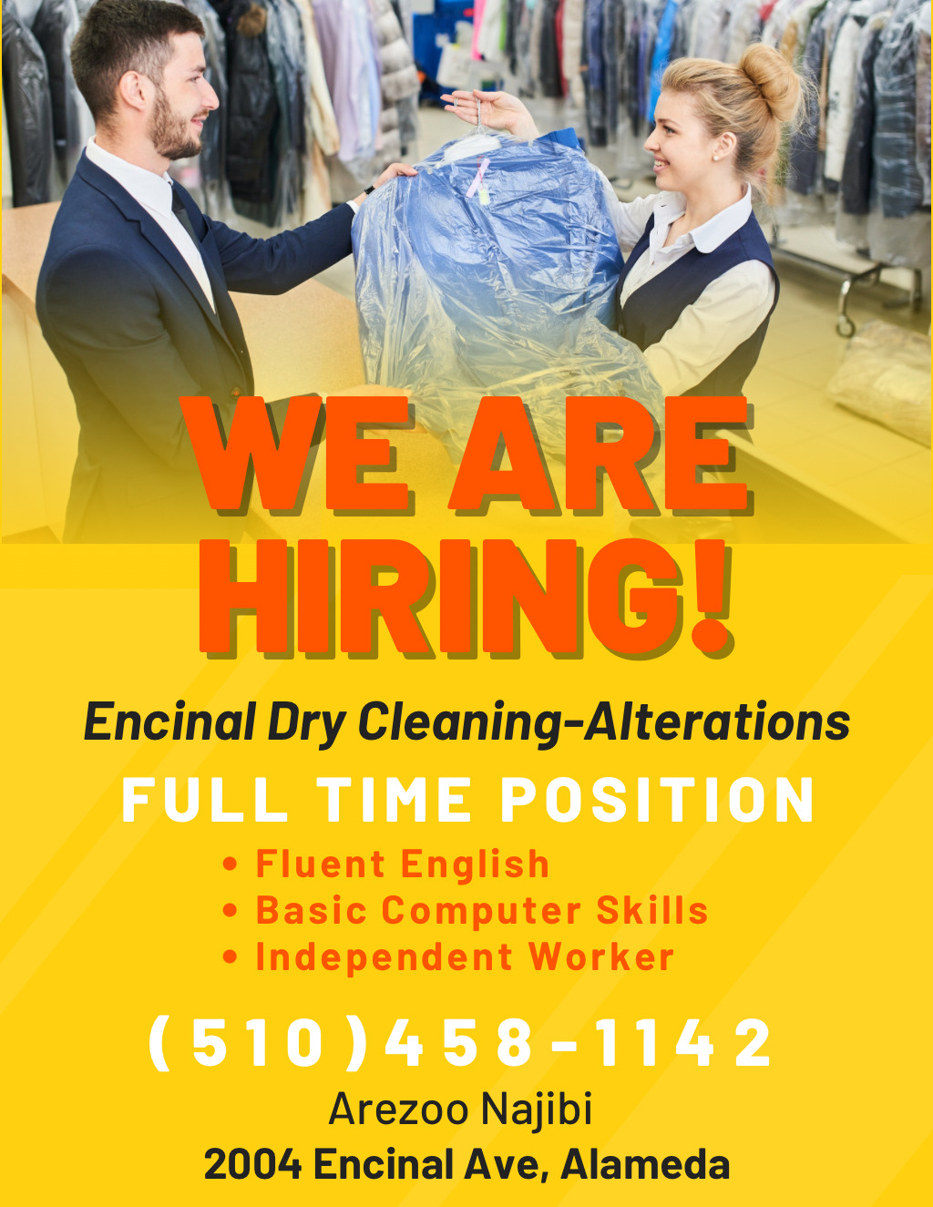 Digifli Community Bulletin Boards HIRING at Encinal Dry Cleaning Alterations for a Full Time Position  promotion flier on Digifli com
