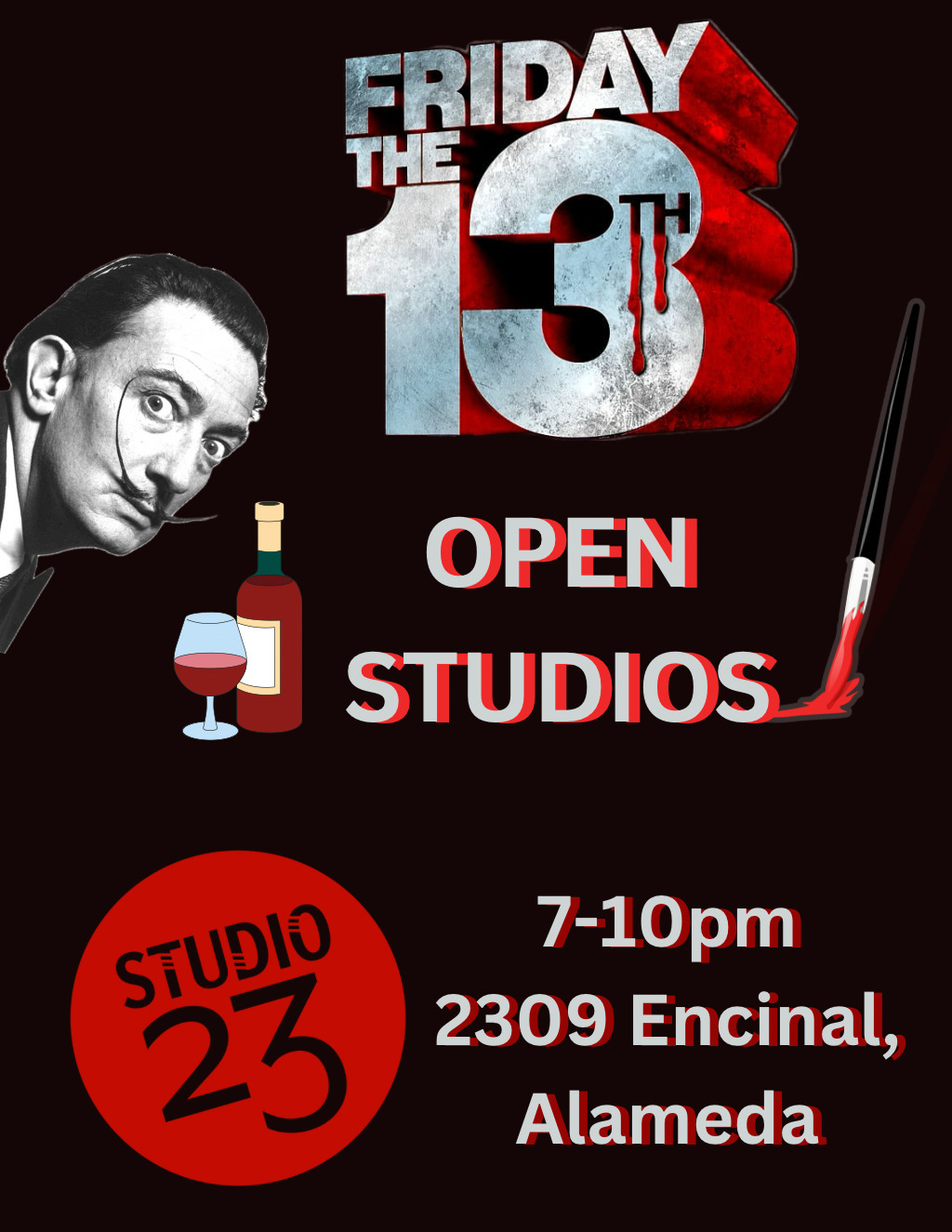 Digifli Community Bulletin Boards Unlucky Thrills  Friday the 13th Open Studios at Studio 23  Alameda promotion flier on Digifli com