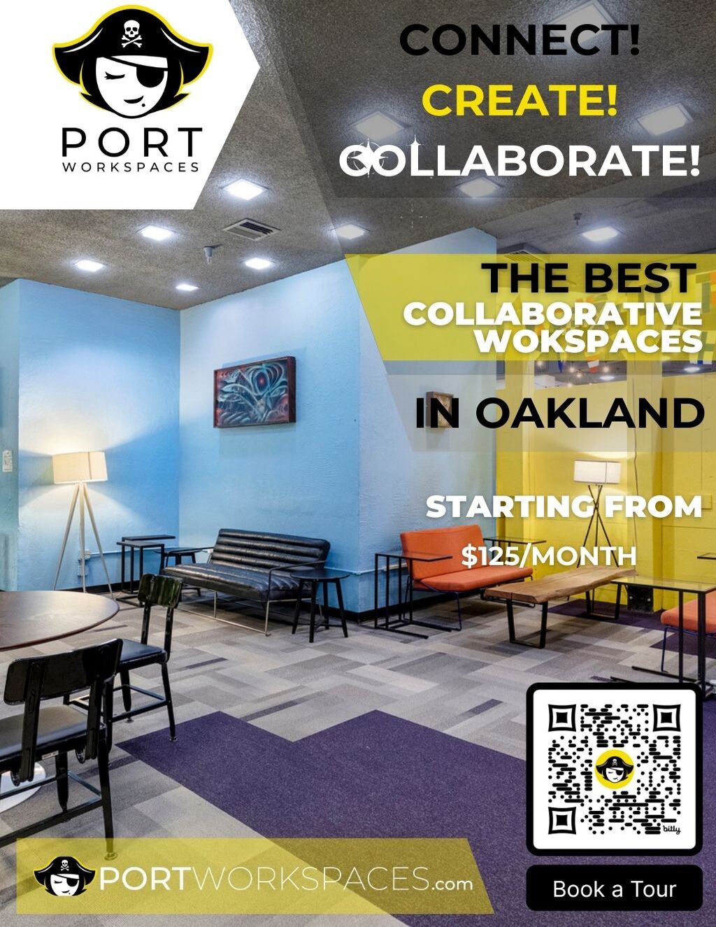 Port Workspaces Create and Connect at Port Workspaces in Oakland promotion flier on Digifli com