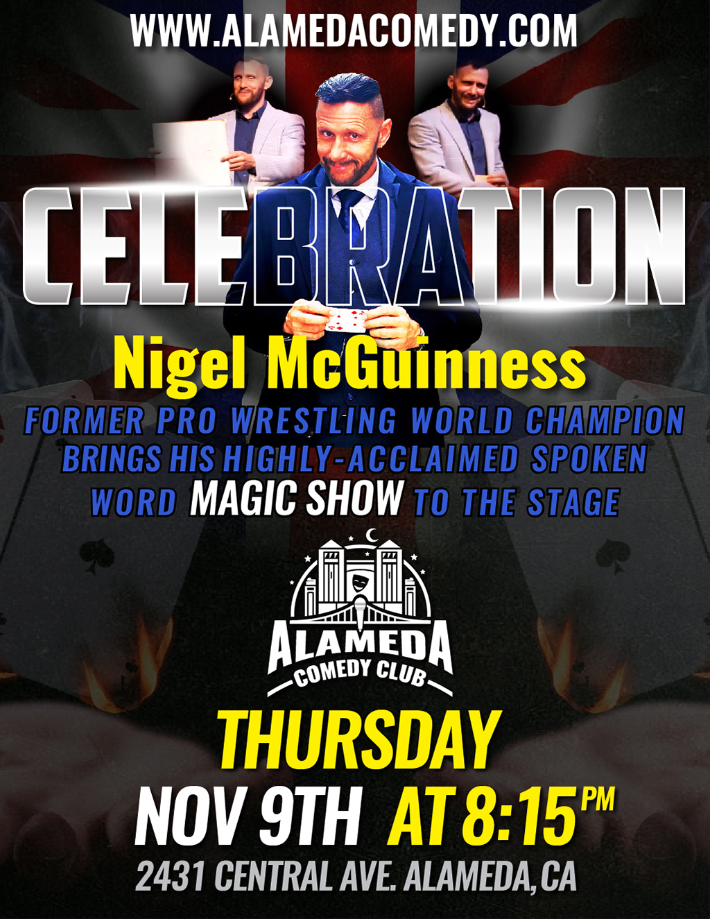 Alameda Comedy Club Alameda Comedy Club Hosts Nigel McGuinness Celebration promotion flier on Digifli com