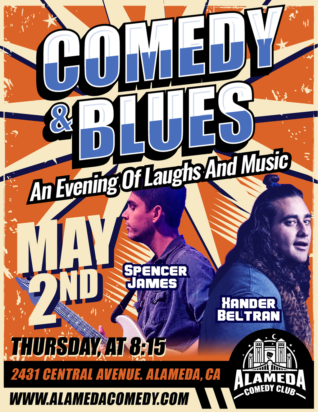 Alameda Comedy Club BLUES An Evening Of Laughs And Music promotion flier on Digifli com