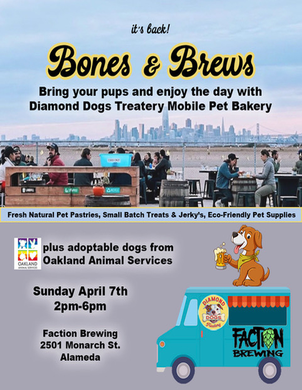 Faction Brewing Join Us for Bones   Brews with Diamond Dogs Treatery and Oakland Animal Services  promotion flier on Digifli com