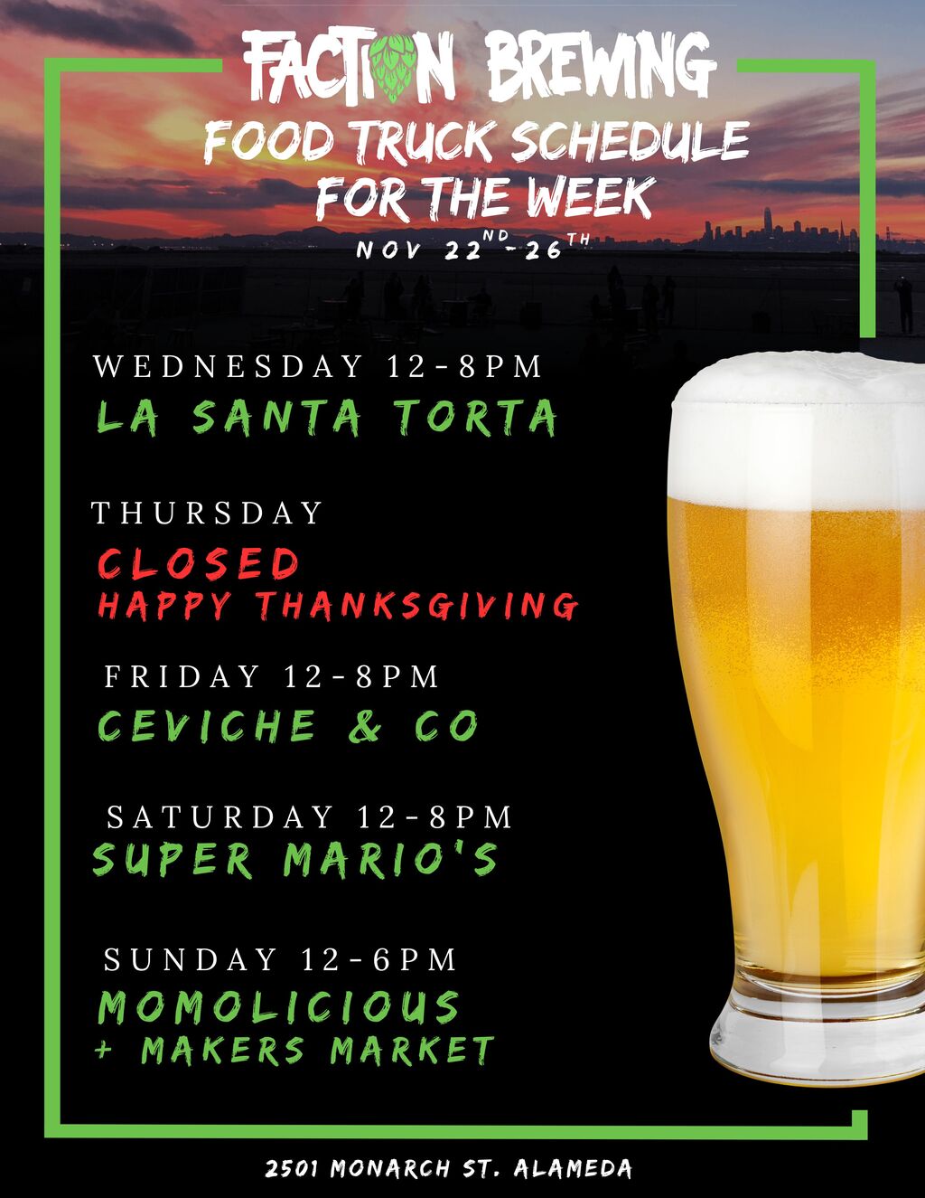 Faction Brewing Faction Brewing Food Truck Schedule for the Week of November 22nd     26th promotion flier on Digifli com