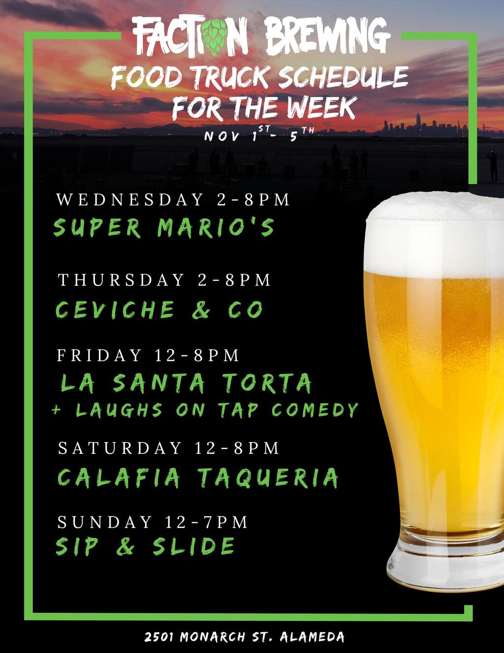 Faction Brewing Food Truck Schedule For the Week promotion flier on Digifli com