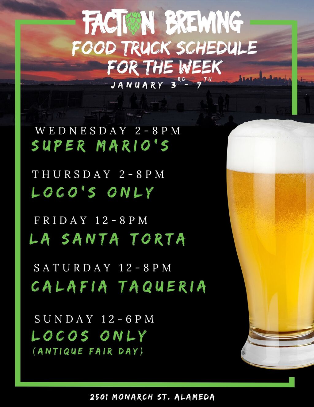 Faction Brewing Faction Brewing Food Truck Schedule for the Week promotion flier on Digifli com