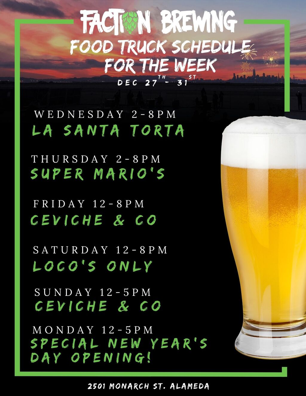 Faction Brewing Faction Brewing Food Truck Schedule for the Week Dec 27th   31st promotion flier on Digifli com