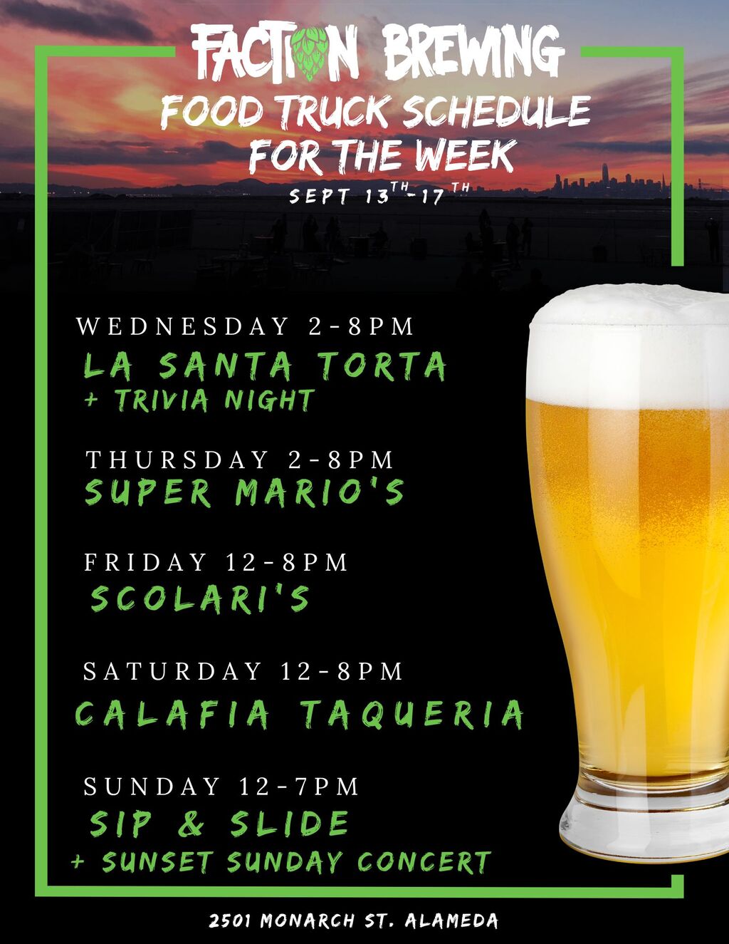 Faction Brewing Faction Brewing s Food Truck Schedule for the Week of September 17th promotion flier on Digifli com