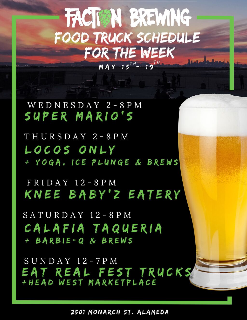 Faction Brewing FOOD TRUCK SCHEDULE FOR THE WEEK OF MAY 15TH 19TH promotion flier on Digifli com