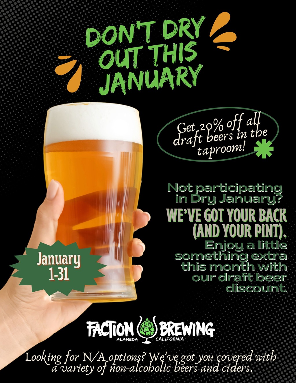 Faction Brewing Raise Your Glass This January at Faction Brewing in Alameda promotion flier on Digifli com