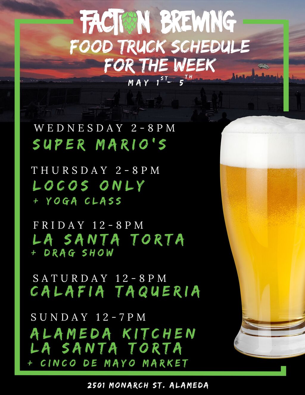 Faction Brewing FACT Brewing Food Truck Schedule for the Week of May 1st   5th  promotion flier on Digifli com