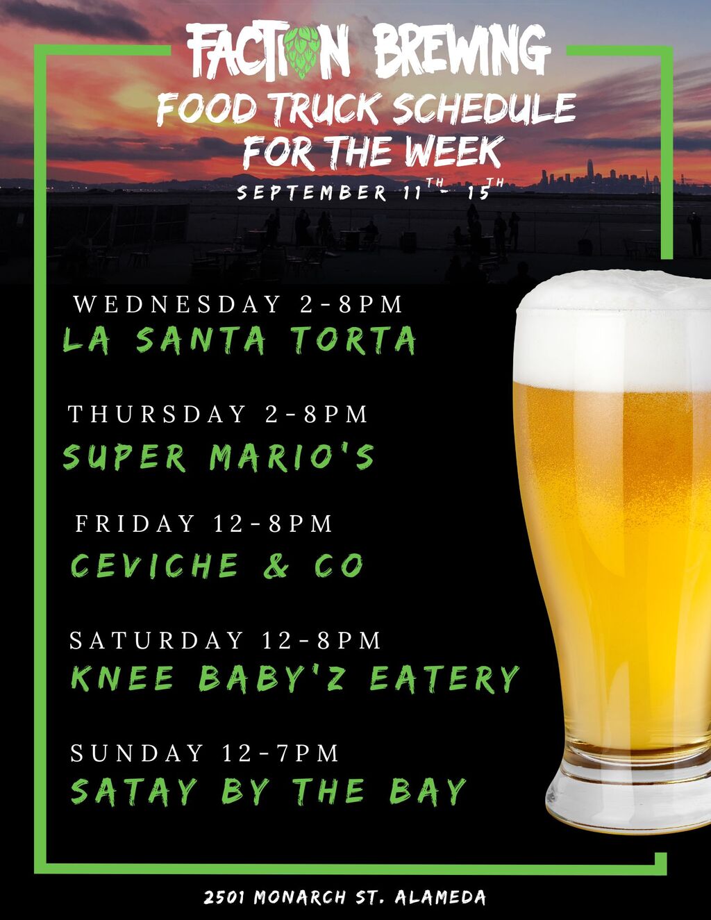 Faction Brewing Flavors and Froth  Faction Brewing s Food Truck Week in Alameda promotion flier on Digifli com