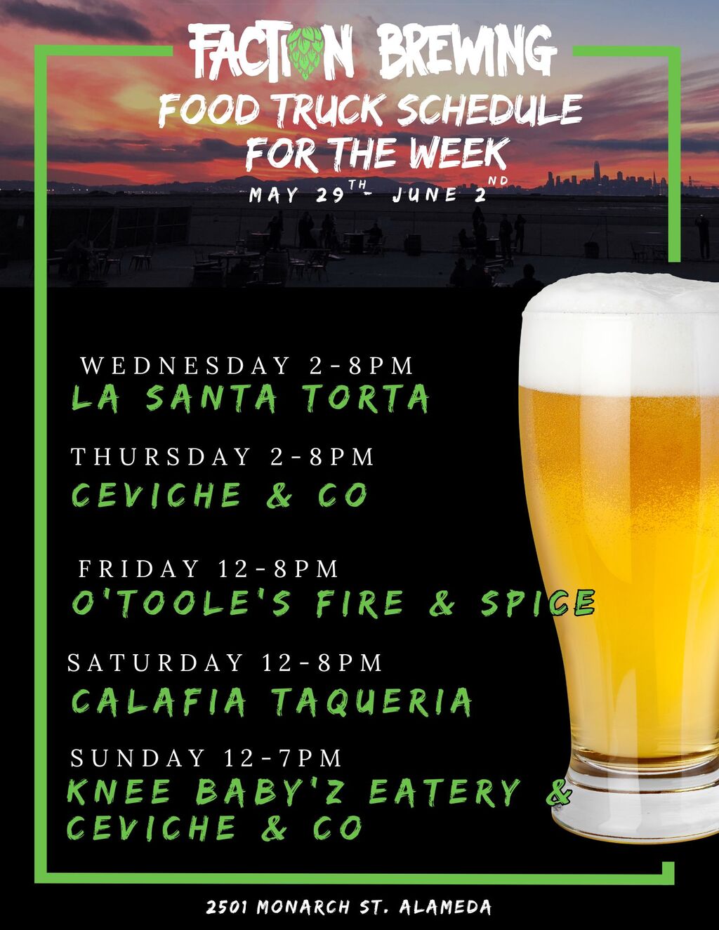 Faction Brewing FACT Brewing Food Truck Schedule for the Week of May 29th   June 2 promotion flier on Digifli com