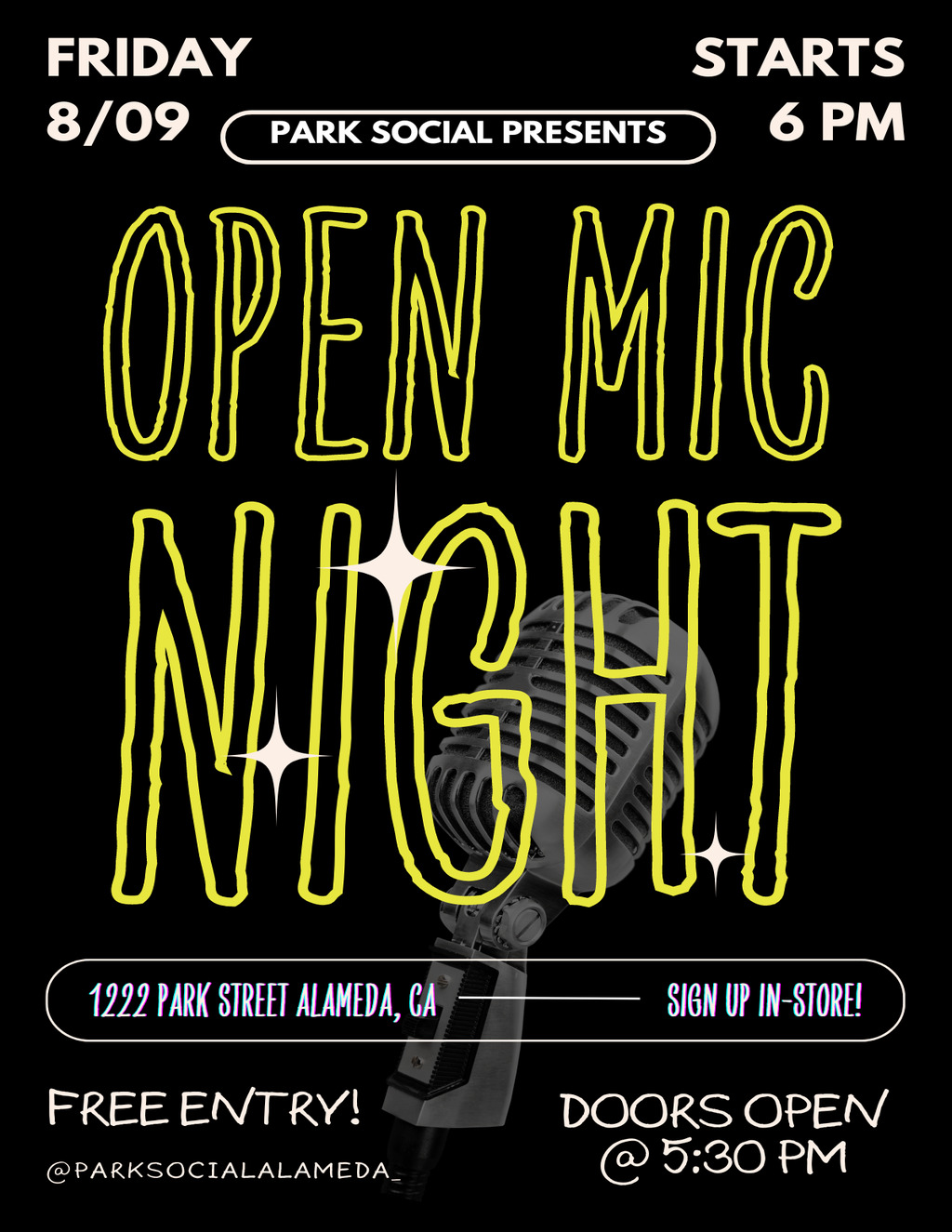 1222 Park St Get Ready for an Electrifying Open Mic Night at Park Social  promotion flier on Digifli com