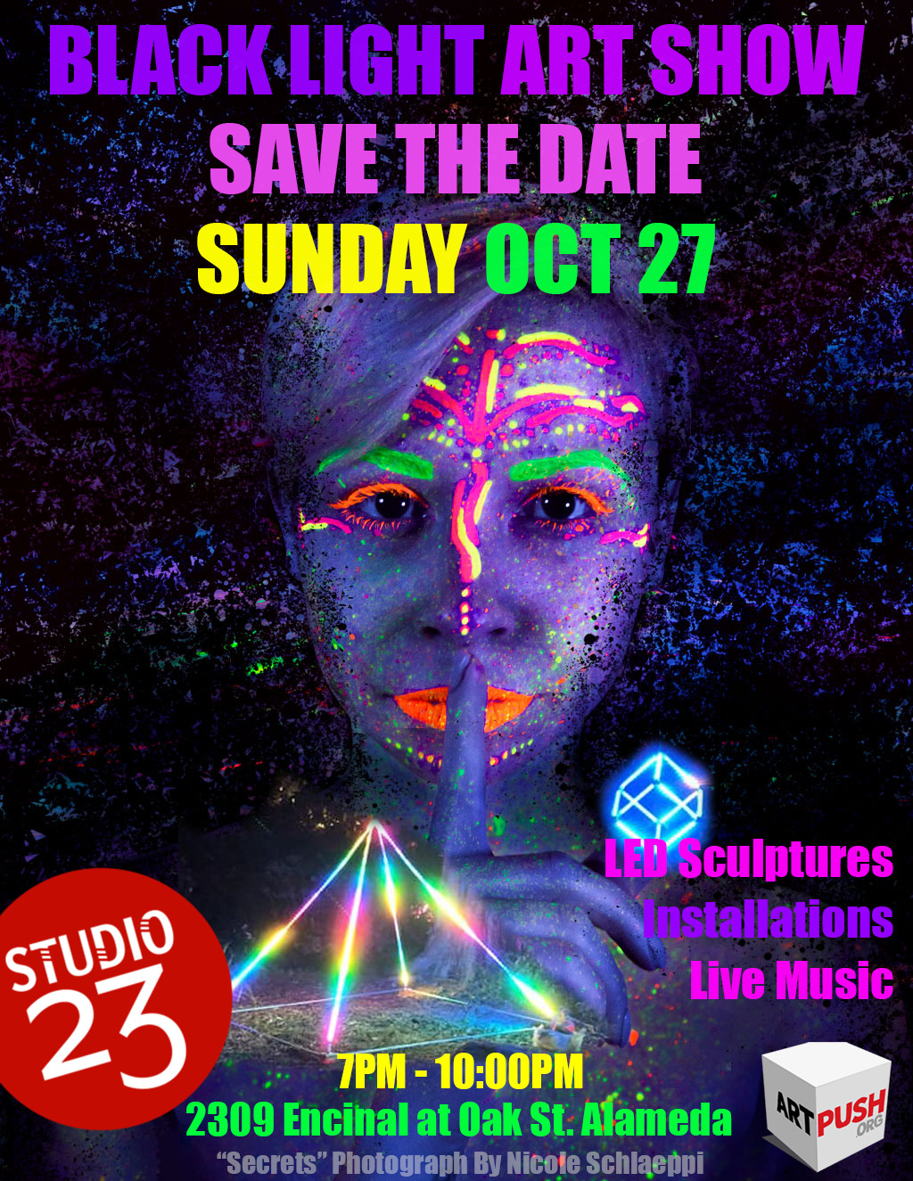 Studio 23 Gallery Illuminate Your Night  Studio 23 Gallery   s Black Light Bash in Alameda promotion flier on Digifli com