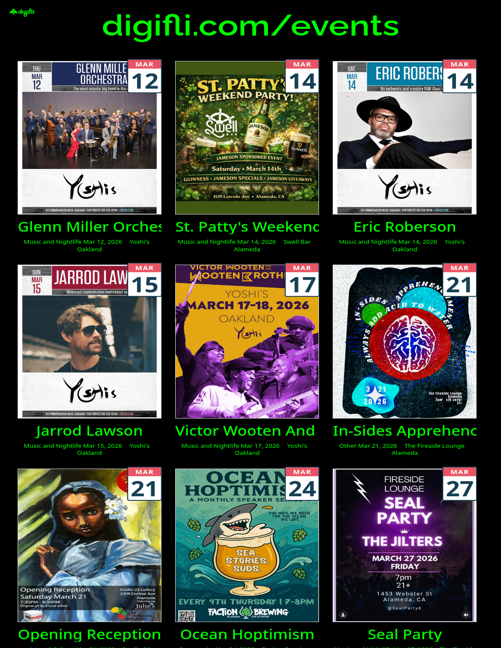 Digifli Yoshi s Oakland  Live Music Events in March 2026 promotion flier on Digifli com