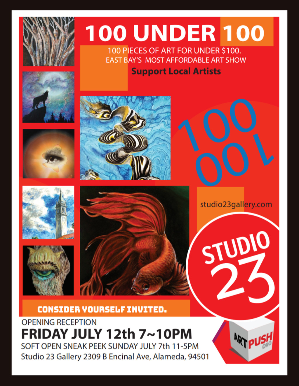 Studio 23 Gallery Art Lovers  Rejoice  100 Under 100 at Studio 23 Gallery  promotion flier on Digifli com