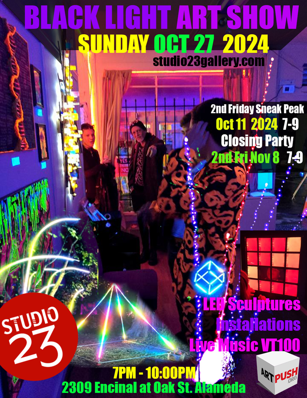 Chochenyo Park Glowing Wonders  Black Light Art Show at Studio 23 in Alameda promotion flier on Digifli com