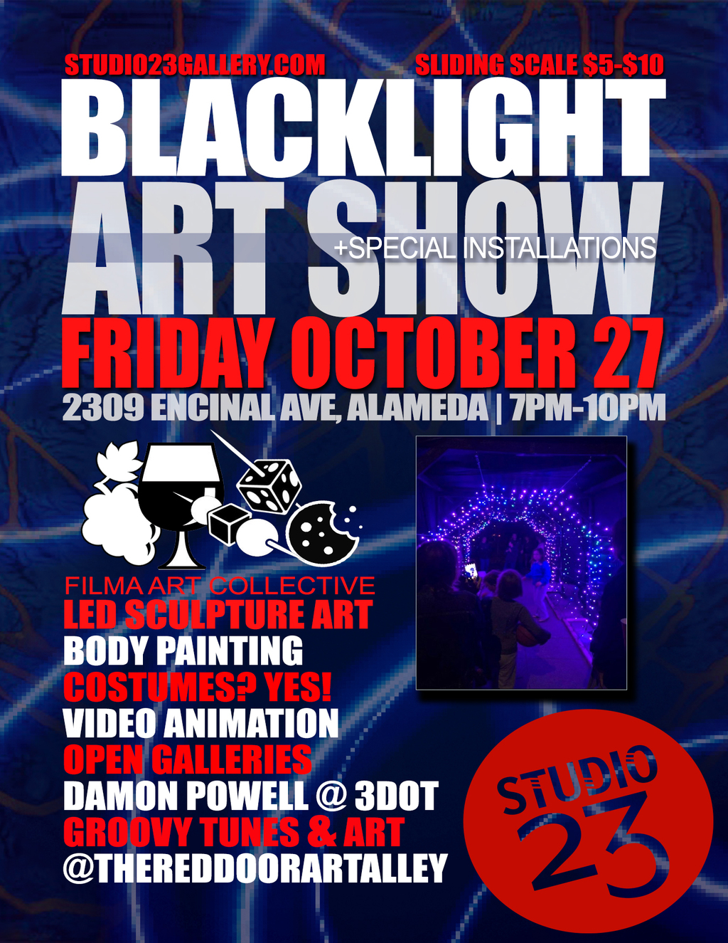 Digifli Community Bulletin Boards Blacklight Art Show at TheRedDoorArtAlley promotion flier on Digifli com