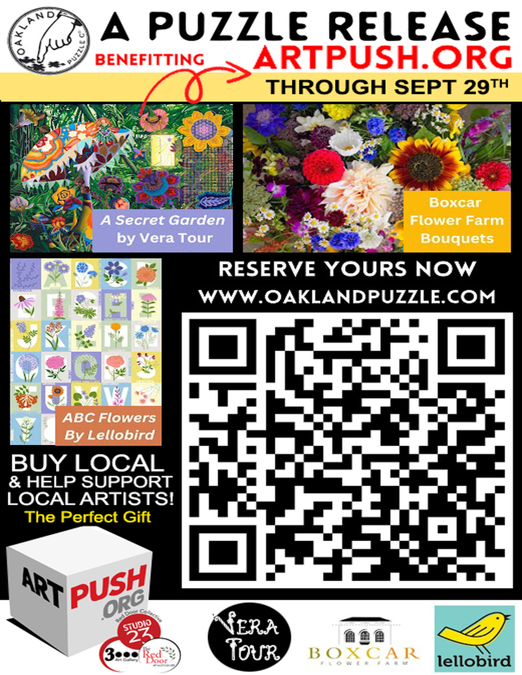 Digifli Community Bulletin Boards Introducing A PUZZLE RELEASE Benefitting ArtPush org Through September 29th promotion flier on Digifli com