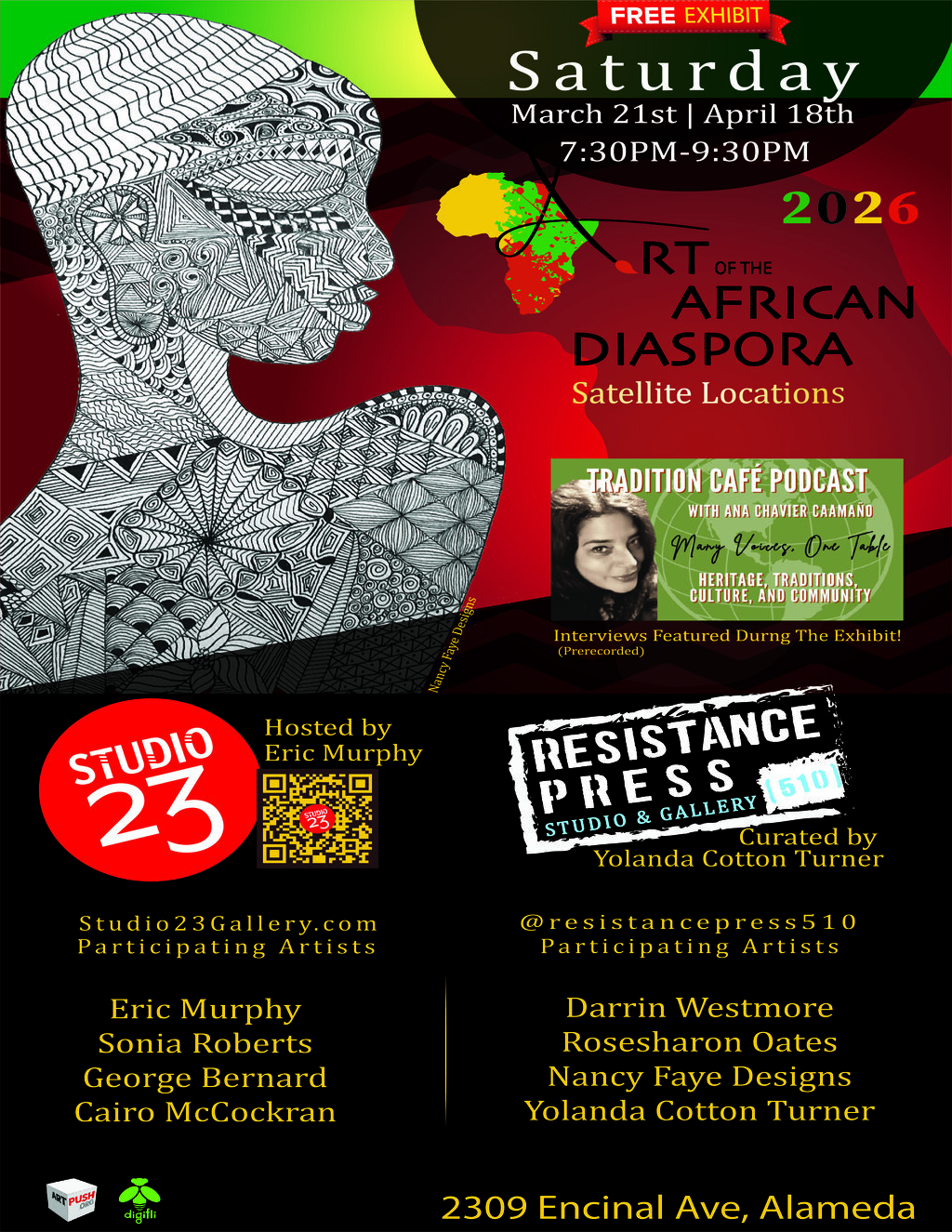 Digifli Studio 23 and Resistance Press  Alameda  Art of the African Diaspora Exhibit promotion flier on Digifli com
