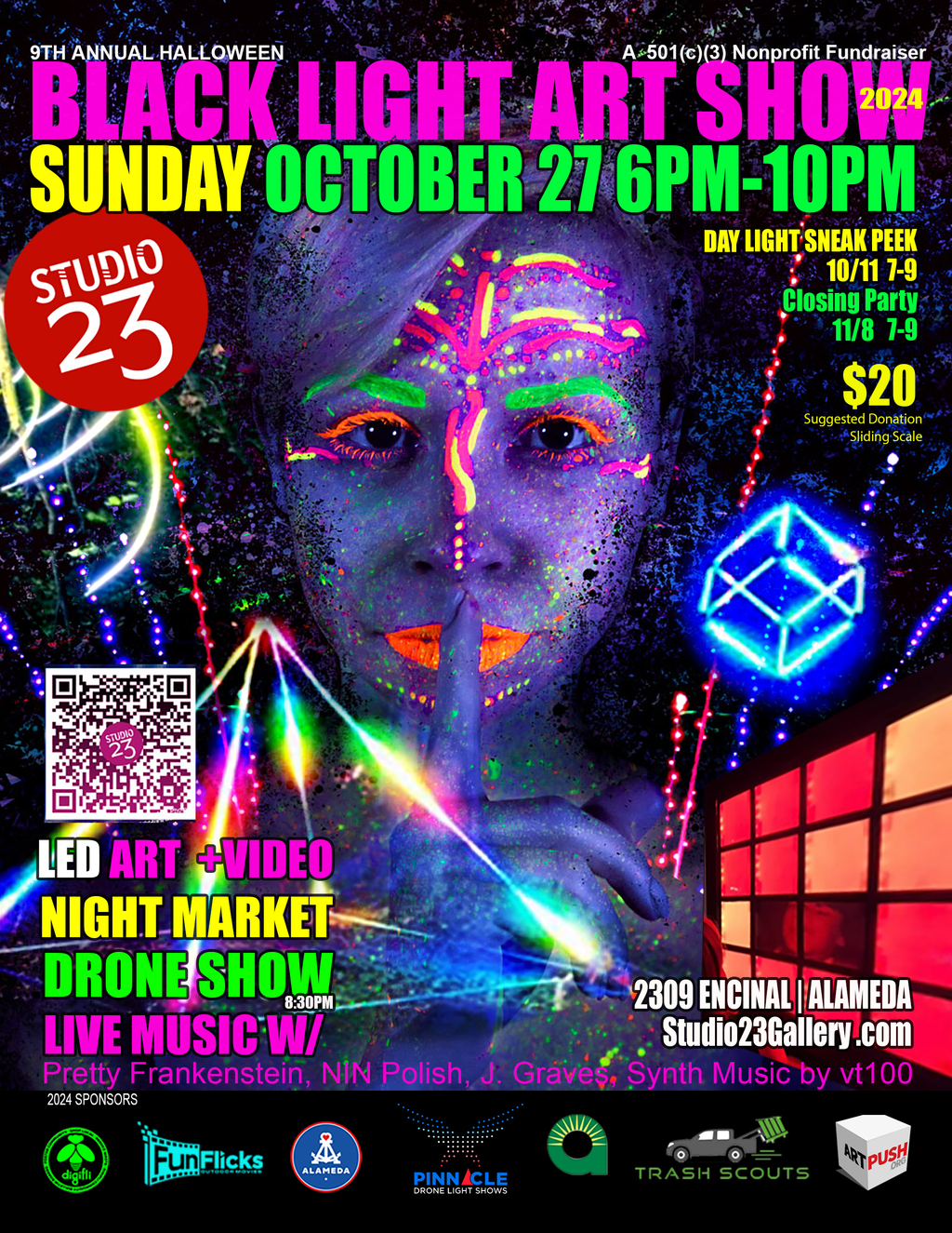 Chochenyo Park Studio 23 Shines Bright  Black Light Art Show in Alameda  promotion flier on Digifli com