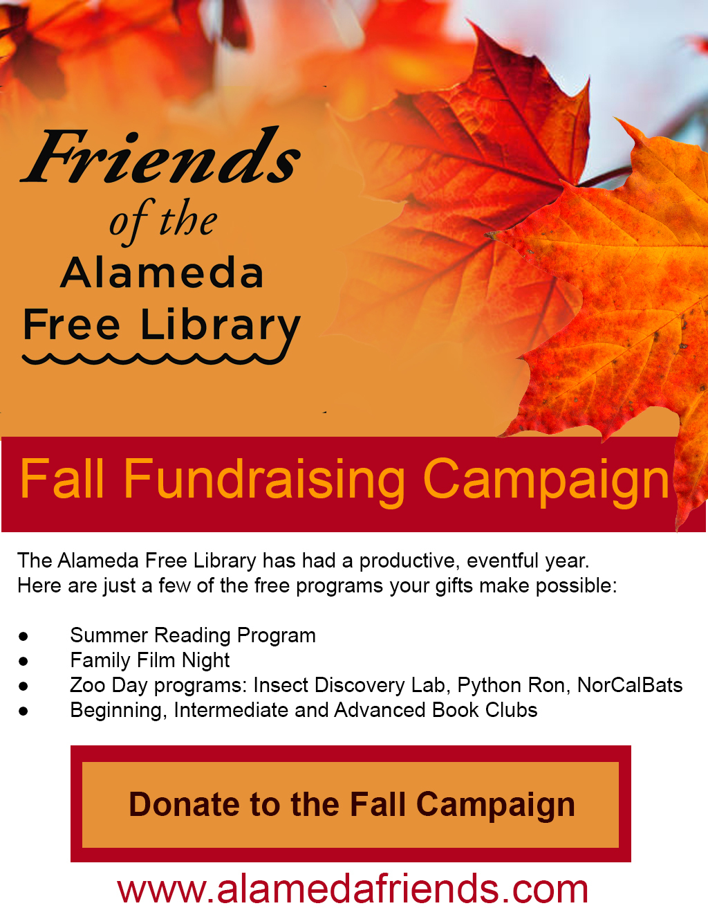 Digifli Community Bulletin Boards Friends of the Alameda Free Library Fall Fundraising Campaign promotion flier on Digifli com