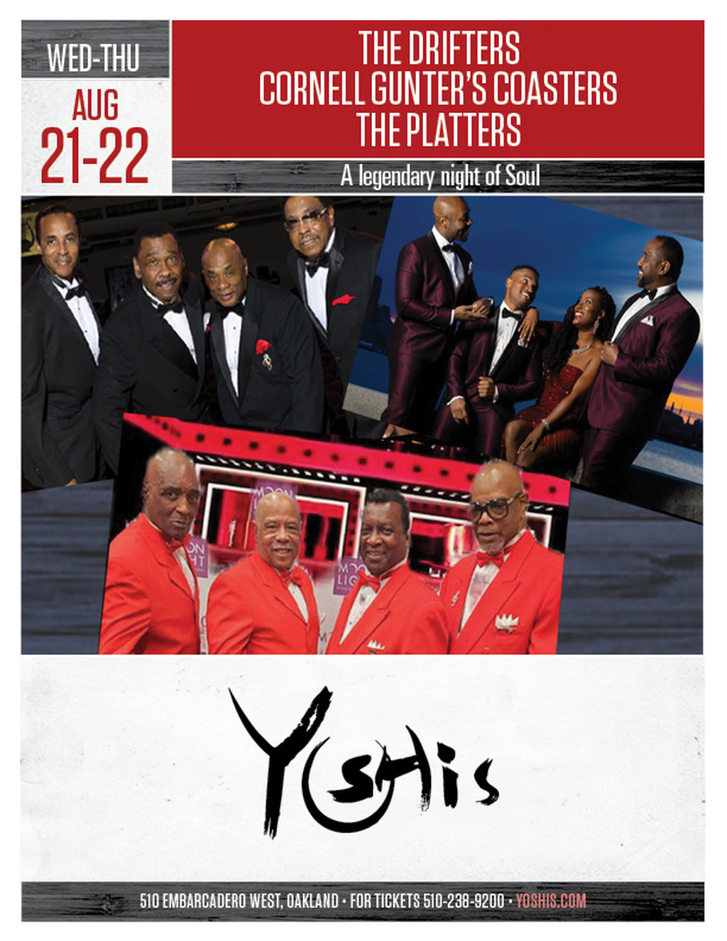 Yoshi s A Legendary Night of Soul at Yoshi s  Drifters  Coasters  and Platters Unite  promotion flier on Digifli com