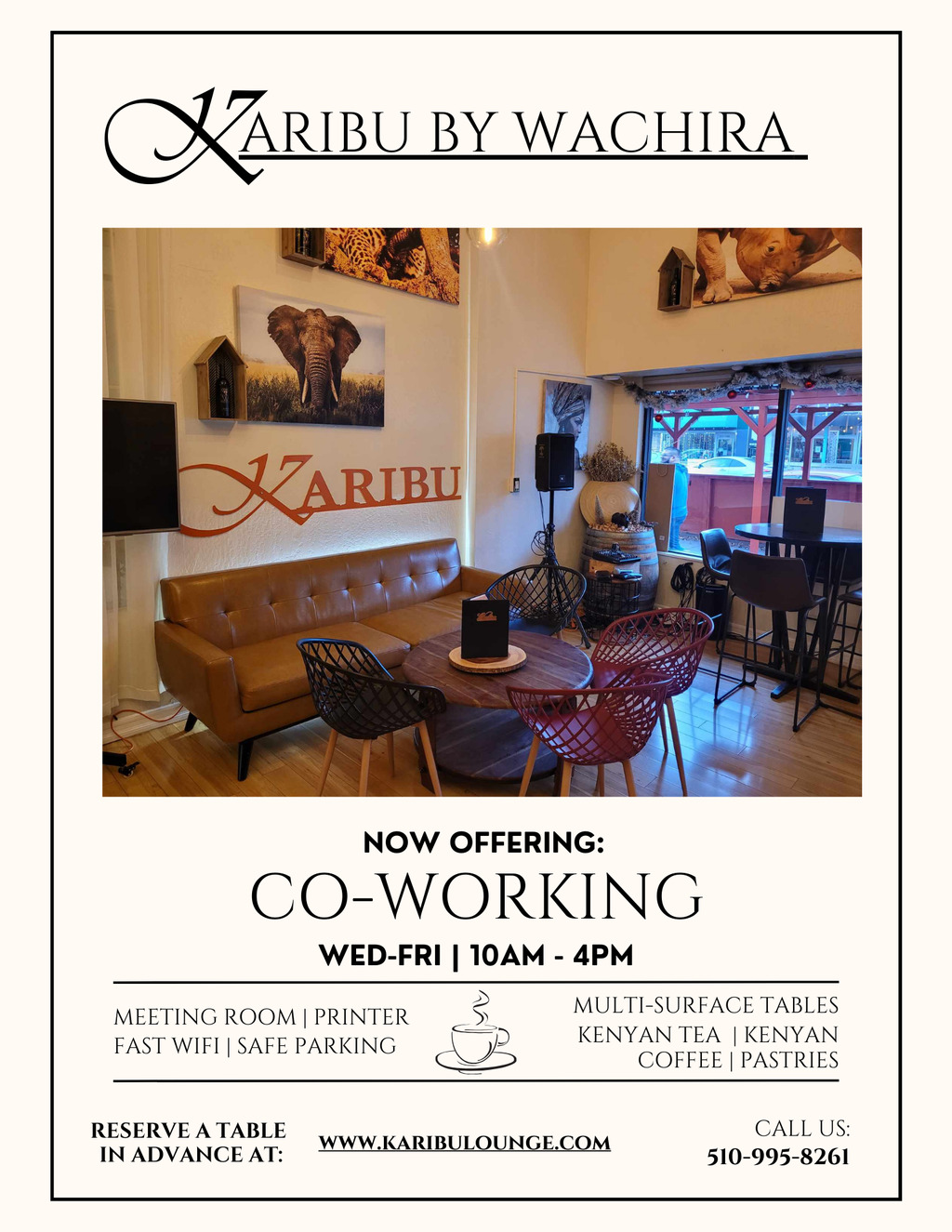 KARIBU by Wachira KARIBU by Wachira Now Offering Co Working Space promotion flier on Digifli com