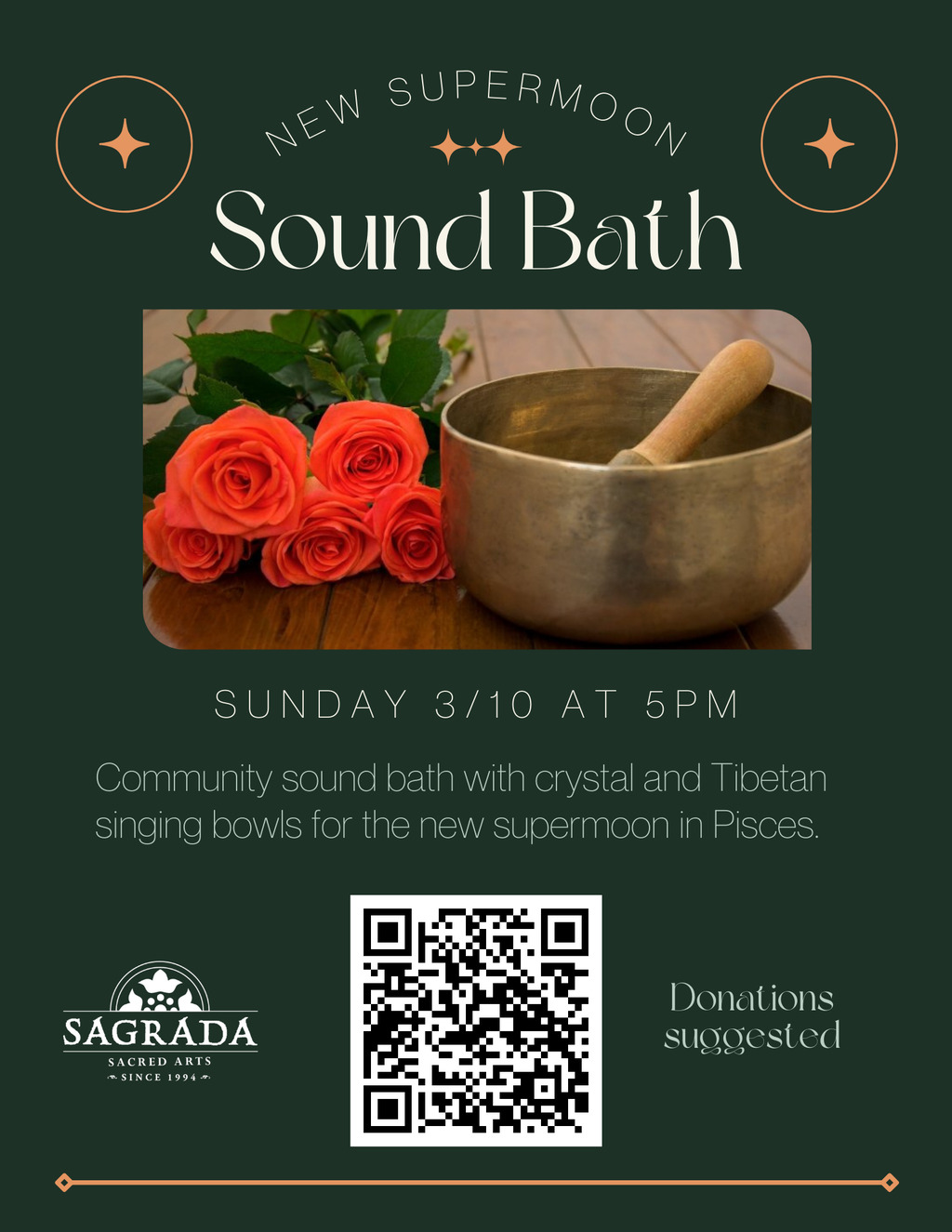 Sagrada Sacred Arts New Supermoon Sound Bath Event  Sunday 3 10 at 5pm promotion flier on Digifli com