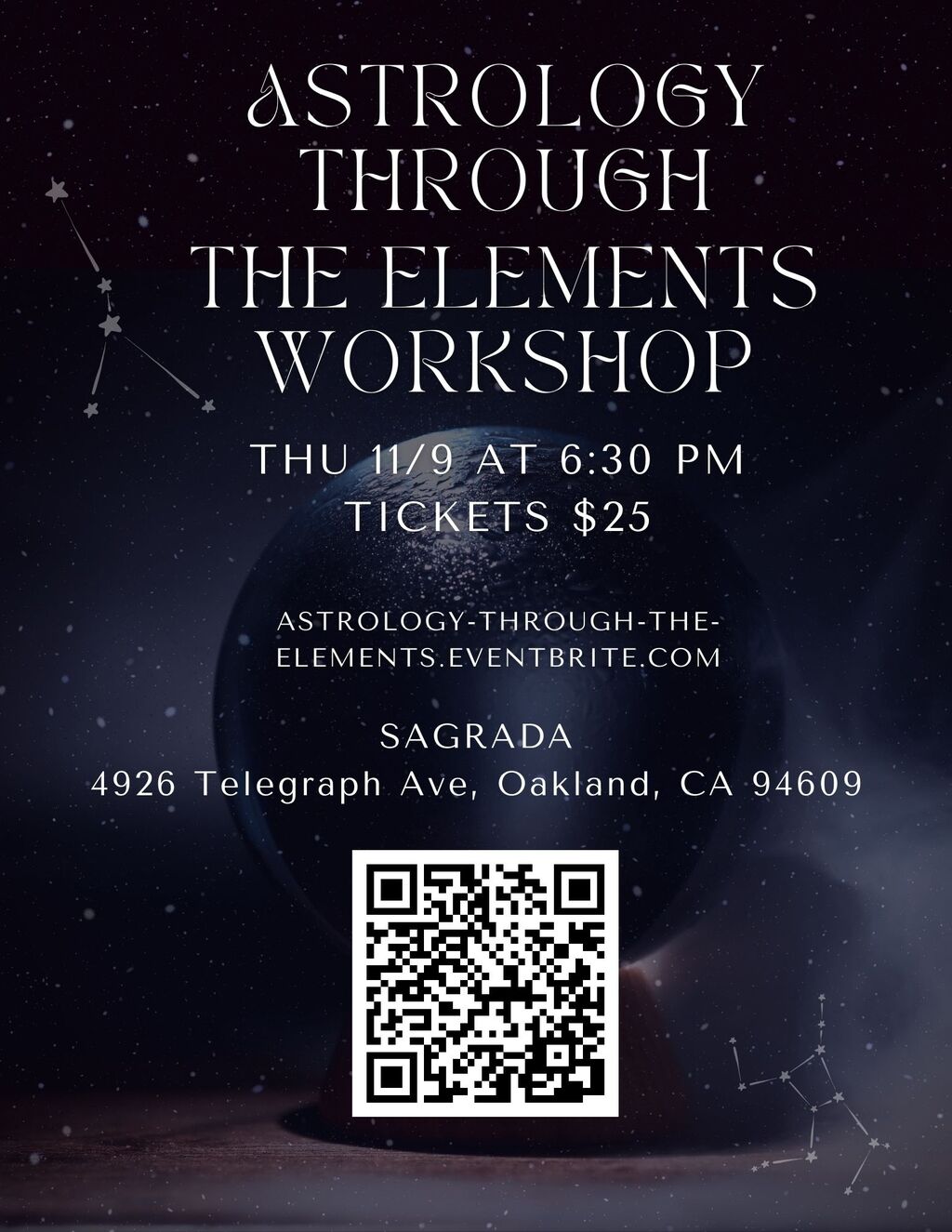 Sagrada Sacred Arts Explore Your Inner Knowledge   Connect with the Universe with Astrology Through the Elements Workshop promotion flier on Digifli com