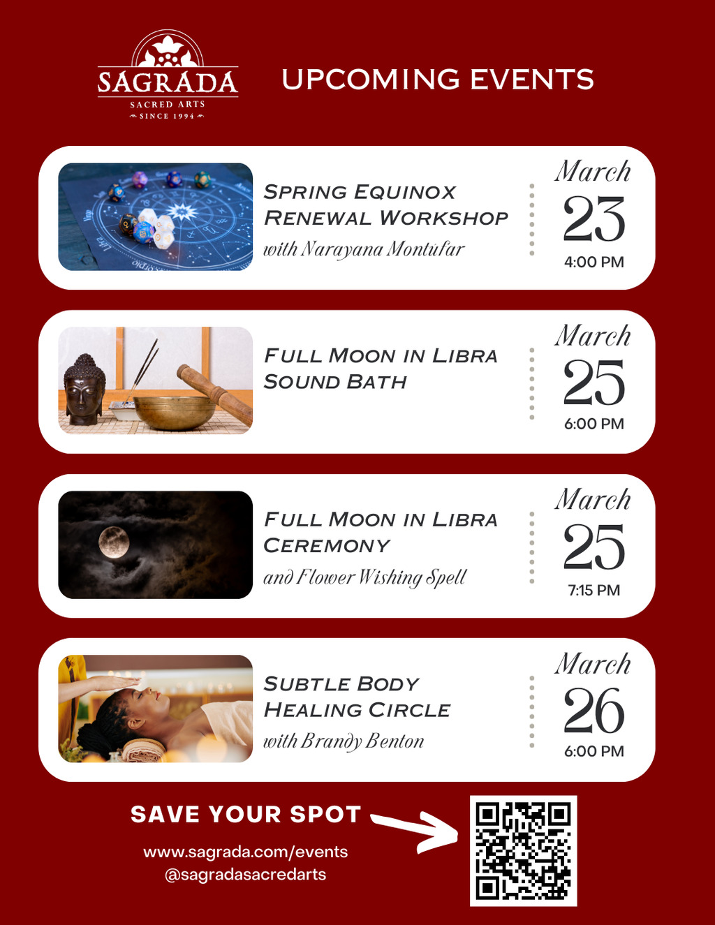 Sagrada Sacred Arts SAGRADA UPCOMING EVENTS promotion flier on Digifli com