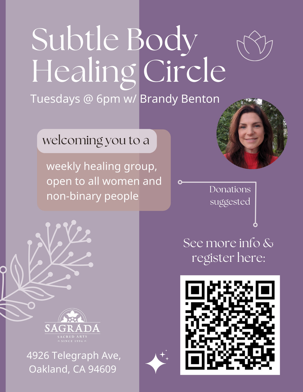 Sagrada Sacred Arts Join Our Subtle Body Healing Circle Every Tuesday promotion flier on Digifli com