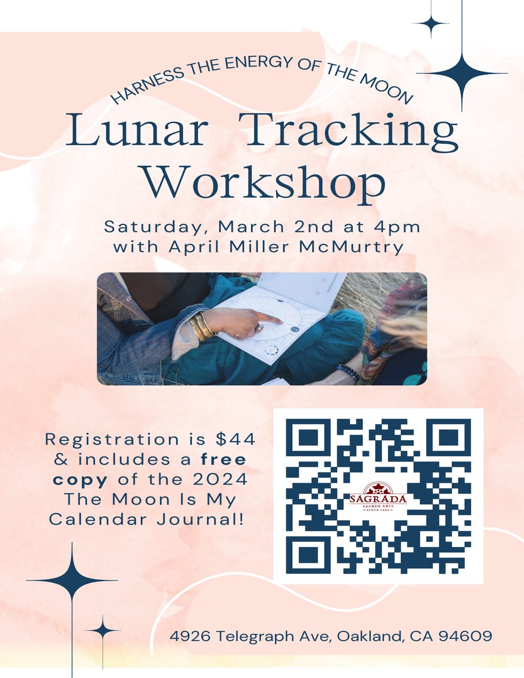 Sagrada Sacred Arts Lunar Tracking Workshop with April Miller McMurtry promotion flier on Digifli com