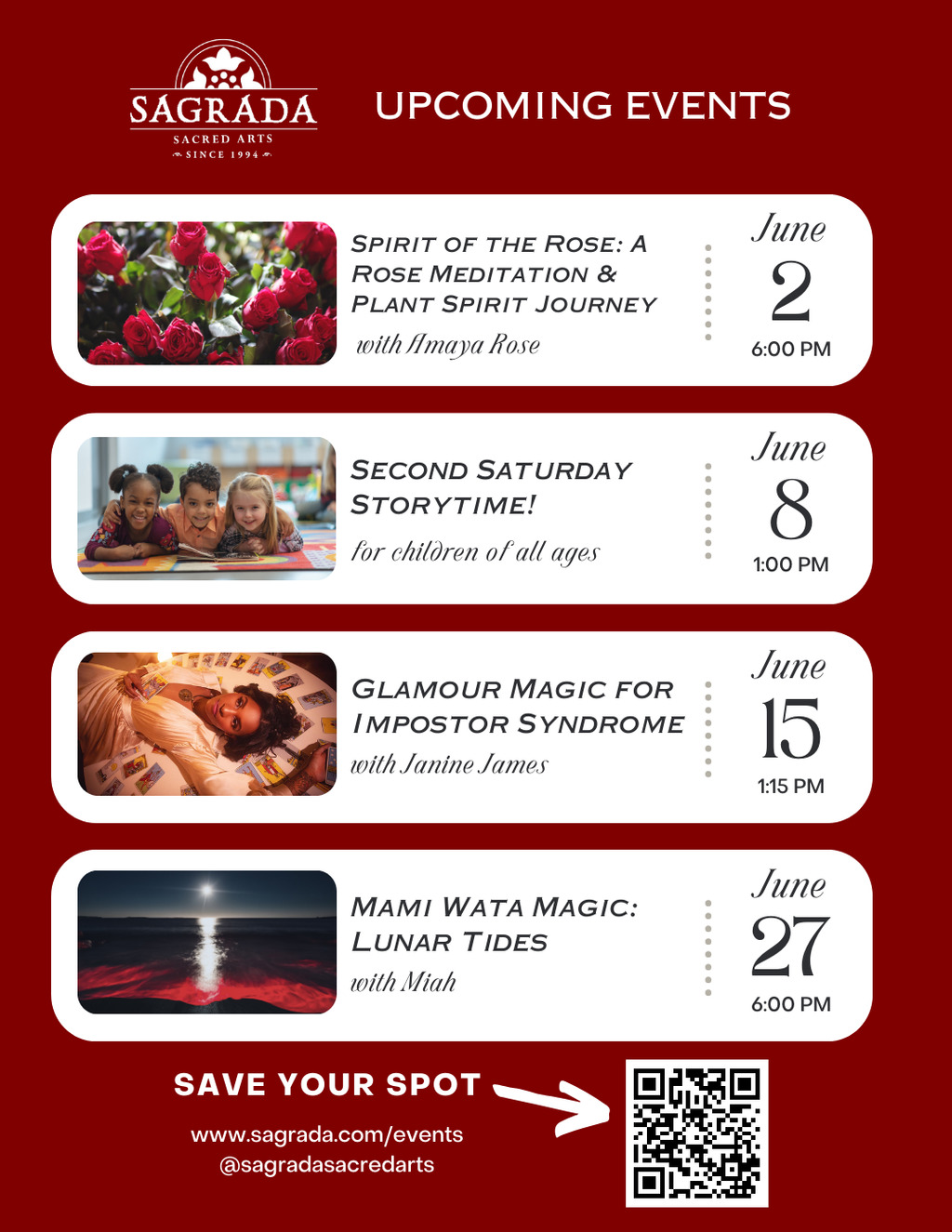 Sagrada Sacred Arts Upcoming Events at Sagrada Sacred Arts promotion flier on Digifli com