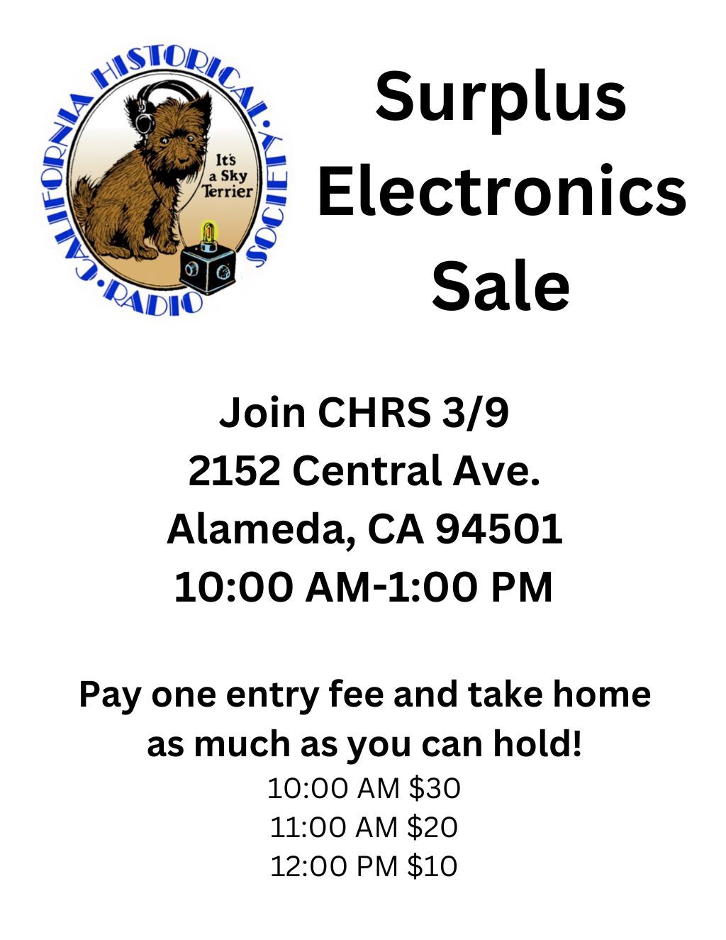 California Historical Radio Society Join us for a Surplus Electronics Sale at CHRS on 3 9  promotion flier on Digifli com