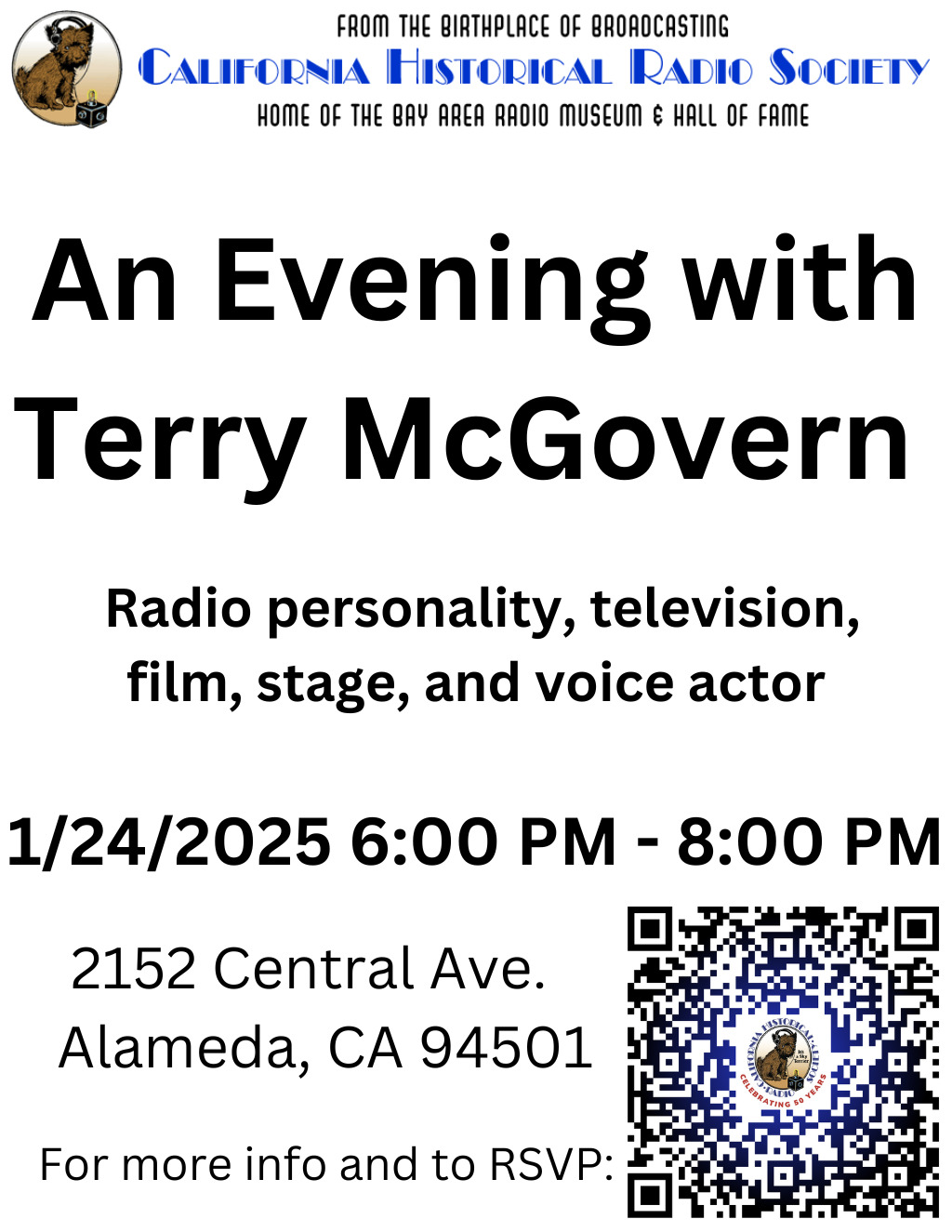 California Historical Radio Society An Unforgettable Night with Terry McGovern  Join Us at California Historical Radio Society in Alameda  promotion flier on Digifli com