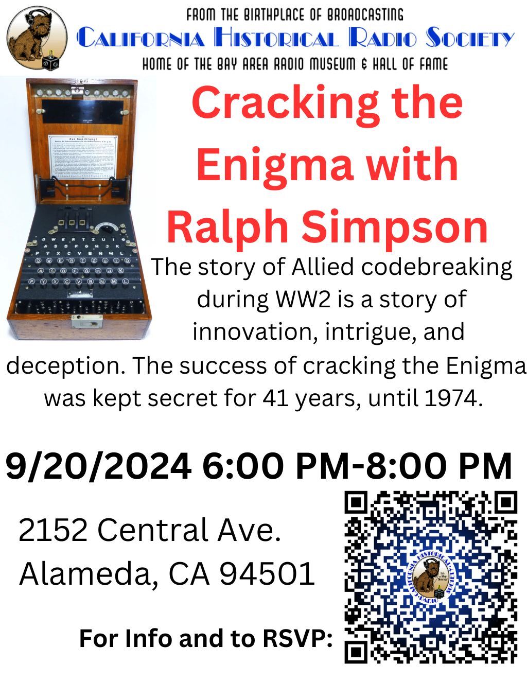 California Historical Radio Society Cracking the Enigma with Ralph Simpson  A Night of Intrigue  promotion flier on Digifli com