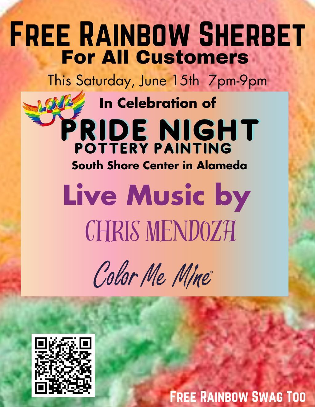 Color Me Mine Celebrate Pride Night with Free Rainbow Sherbet and Pottery Painting  promotion flier on Digifli com