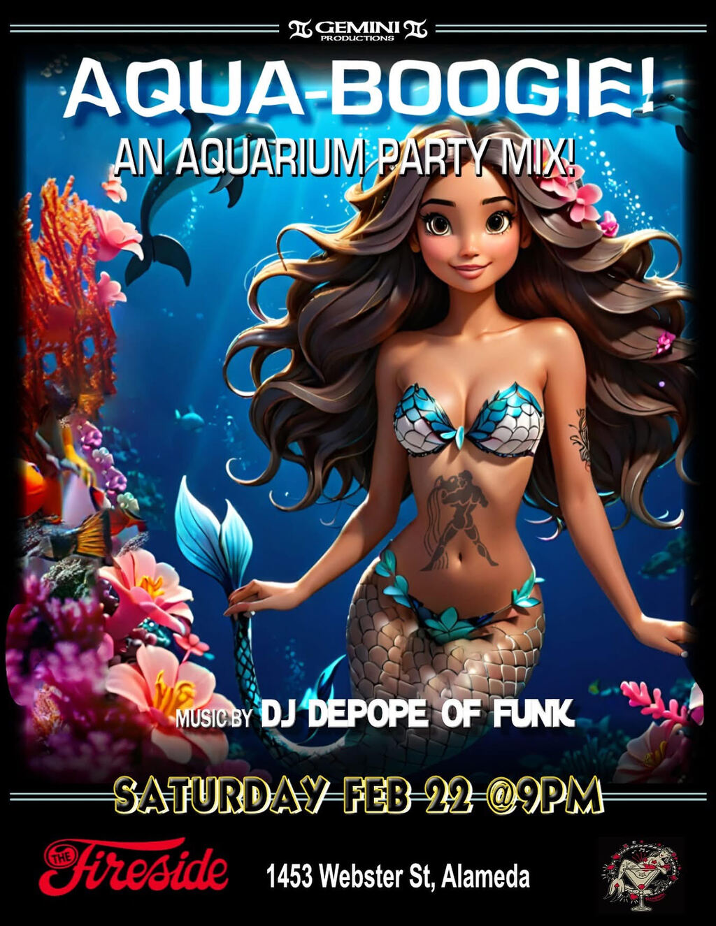 The Fireside Lounge Dive into Fun at The Fireside Lounge  Aqua Boogie Bash in Alameda  promotion flier on Digifli com