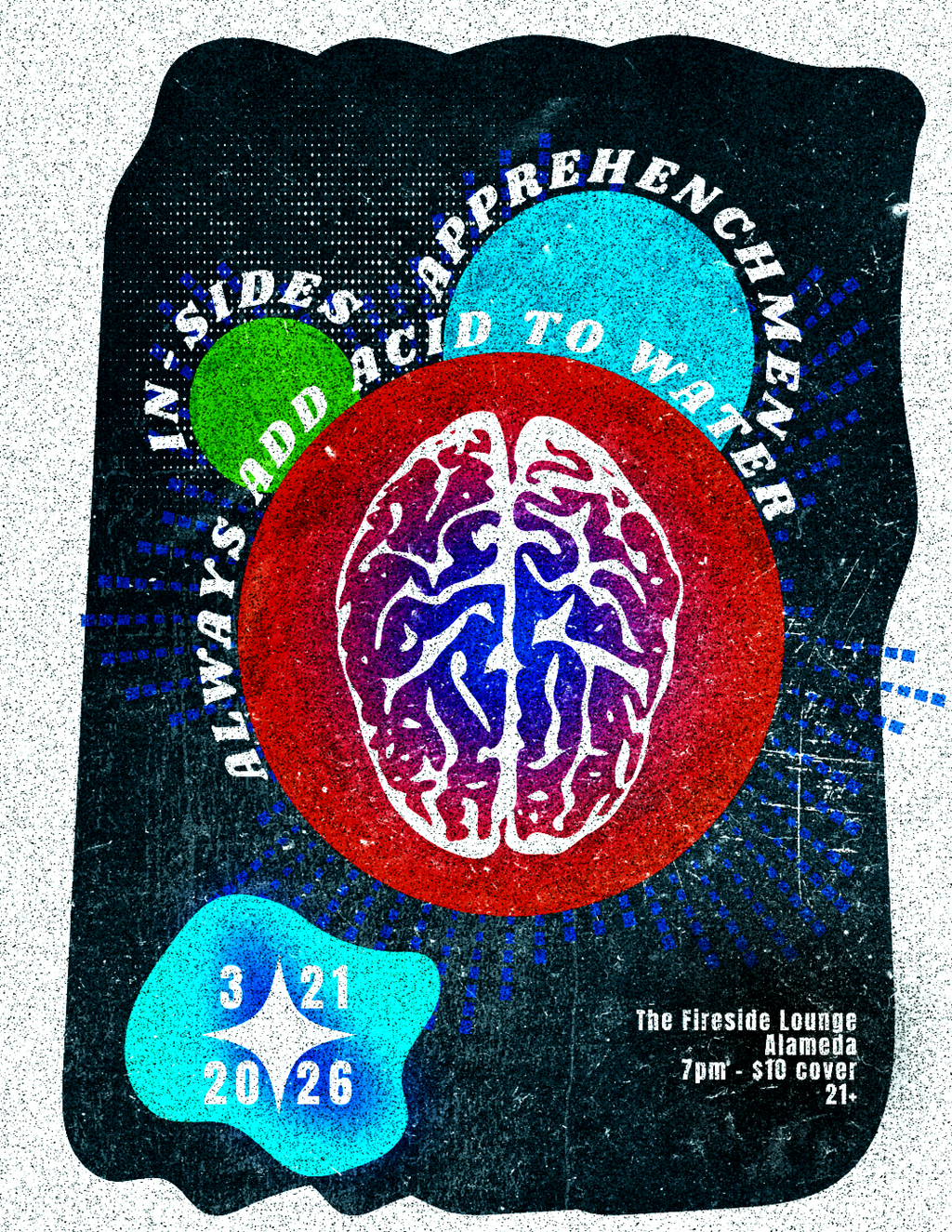 Fireside Fireside Lounge  Alameda  Music Event Featuring In Sides  Apprehenchmen  Always Add Acid to Water promotion flier on Digifli com