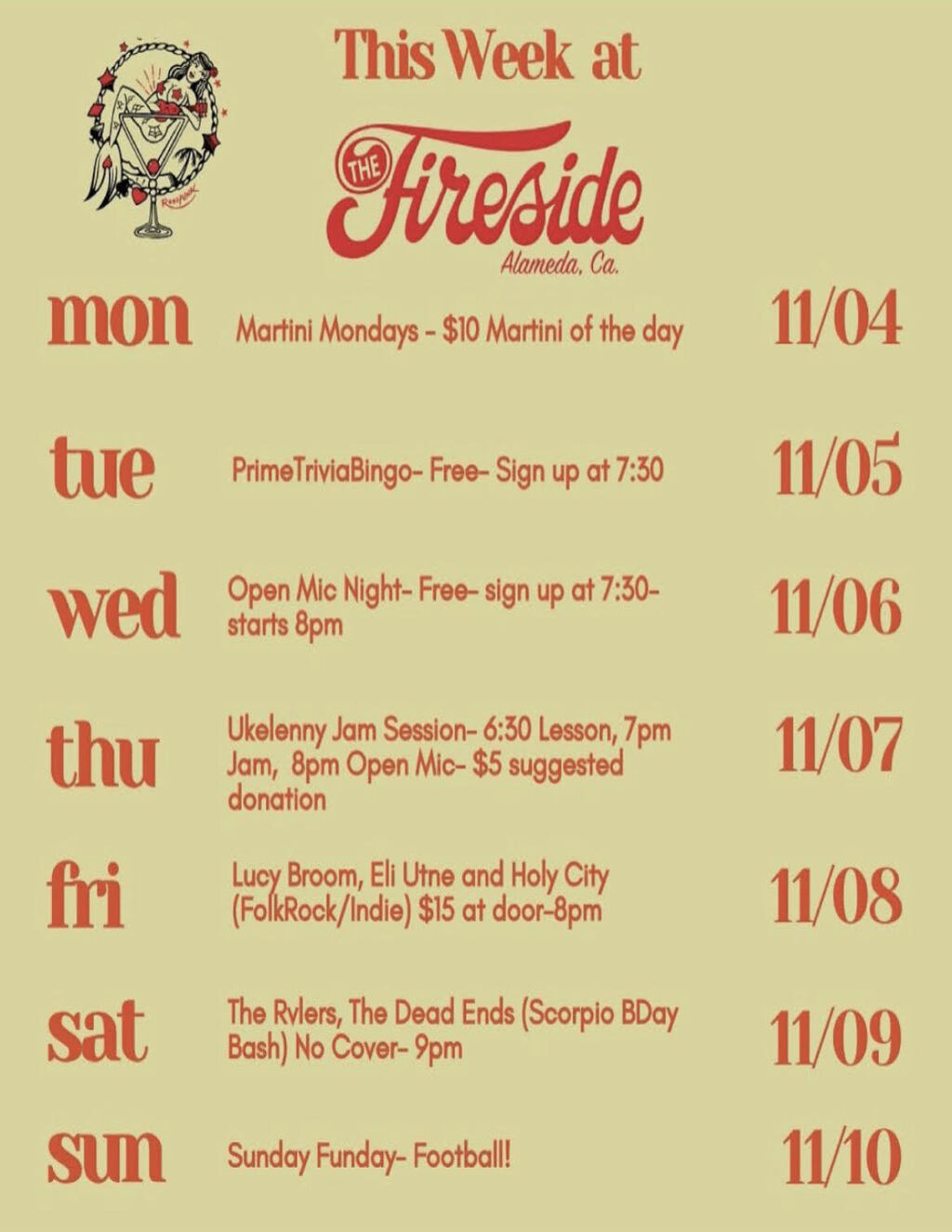 The Fireside Lounge Fireside Fun Awaits at The Fireside Lounge  Alameda  promotion flier on Digifli com