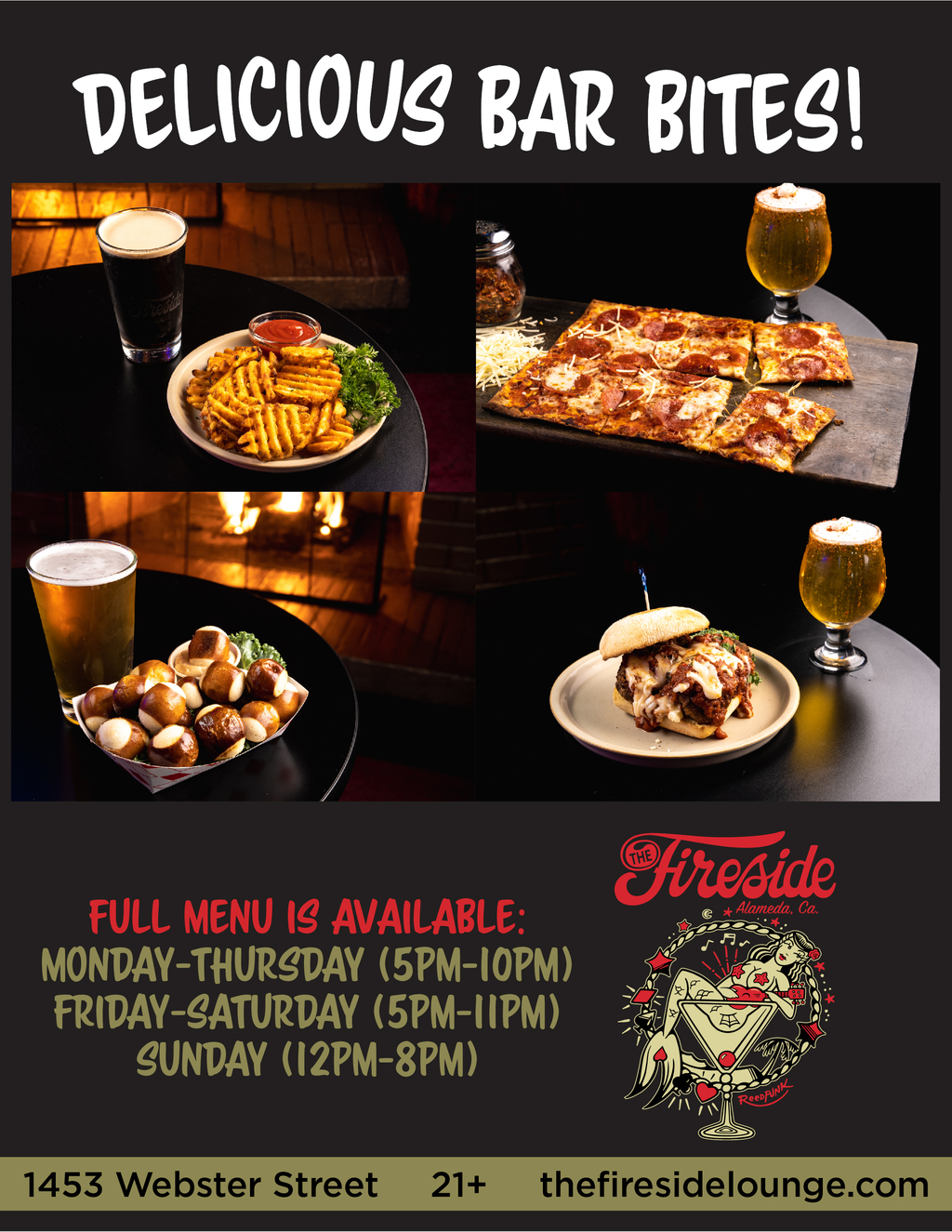 The Fireside Lounge Indulge in Delicious Bar Bites at The Fireside Lounge promotion flier on Digifli com