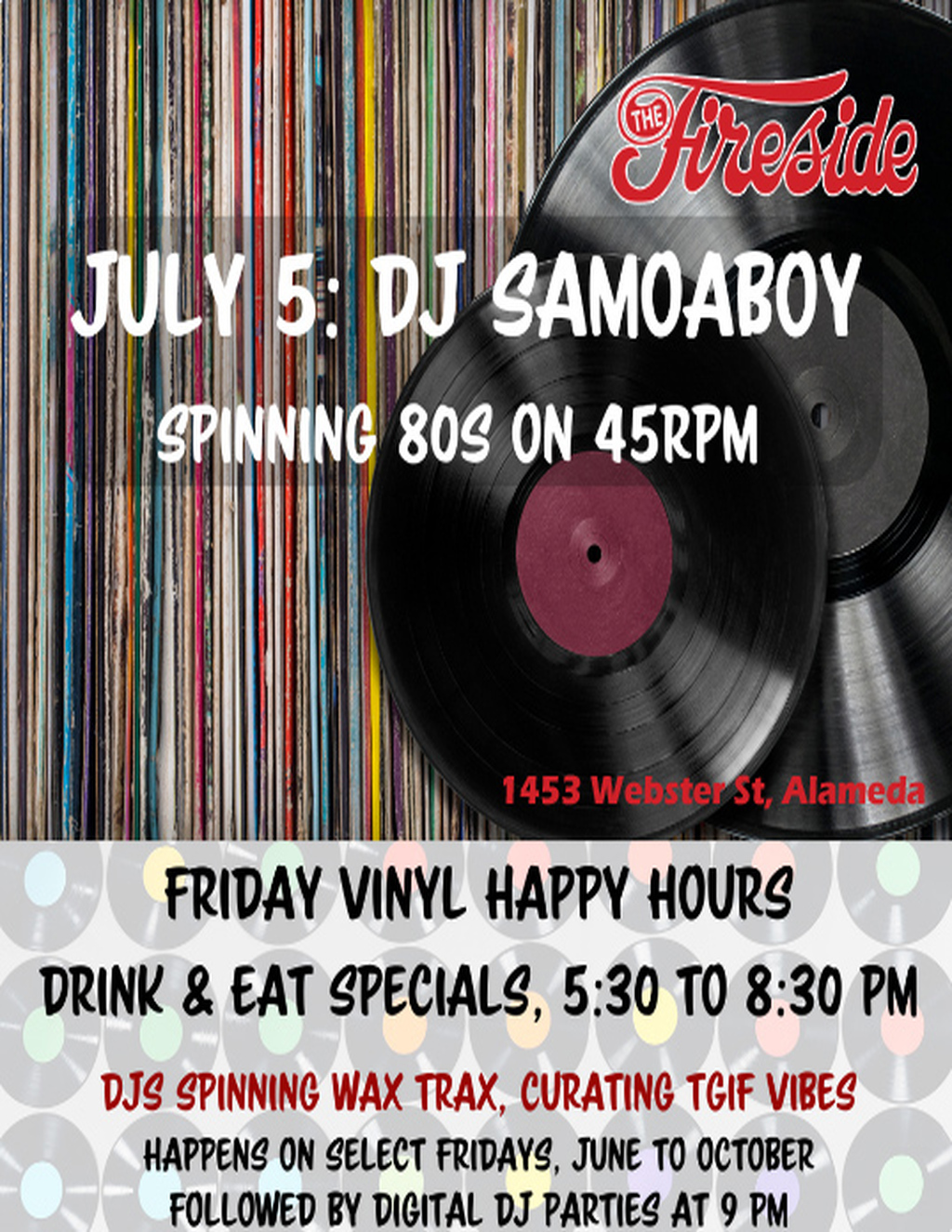 The Fireside Lounge Get Groovy at The Fireside Lounge s Friday Vinyl Happy Hours  promotion flier on Digifli com