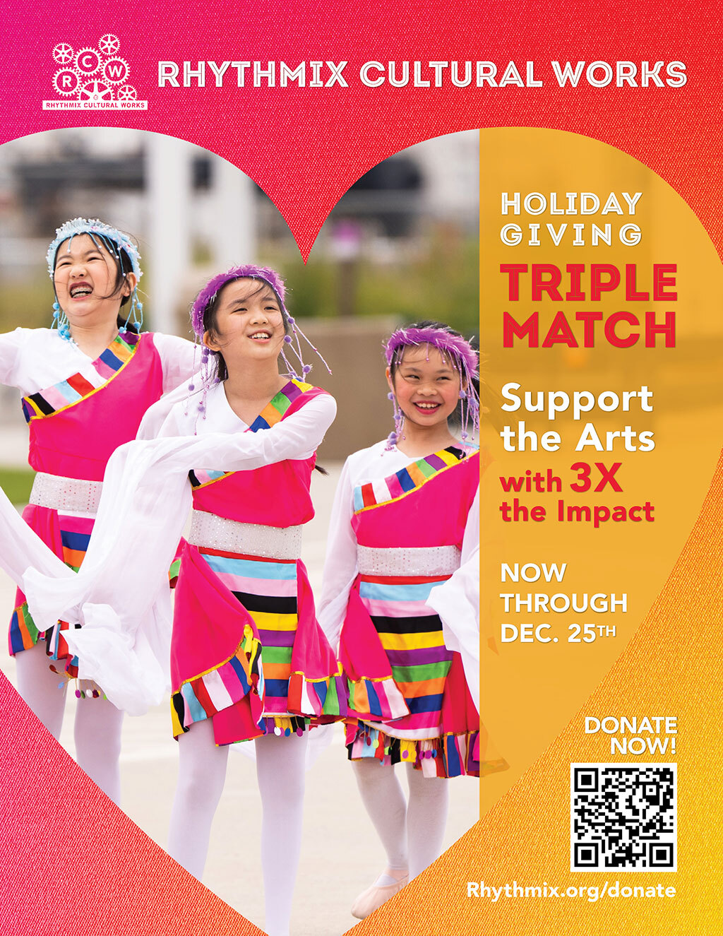 Rhythmix Cultural Works Donate Now to Support the Arts with a Triple Match  promotion flier on Digifli com