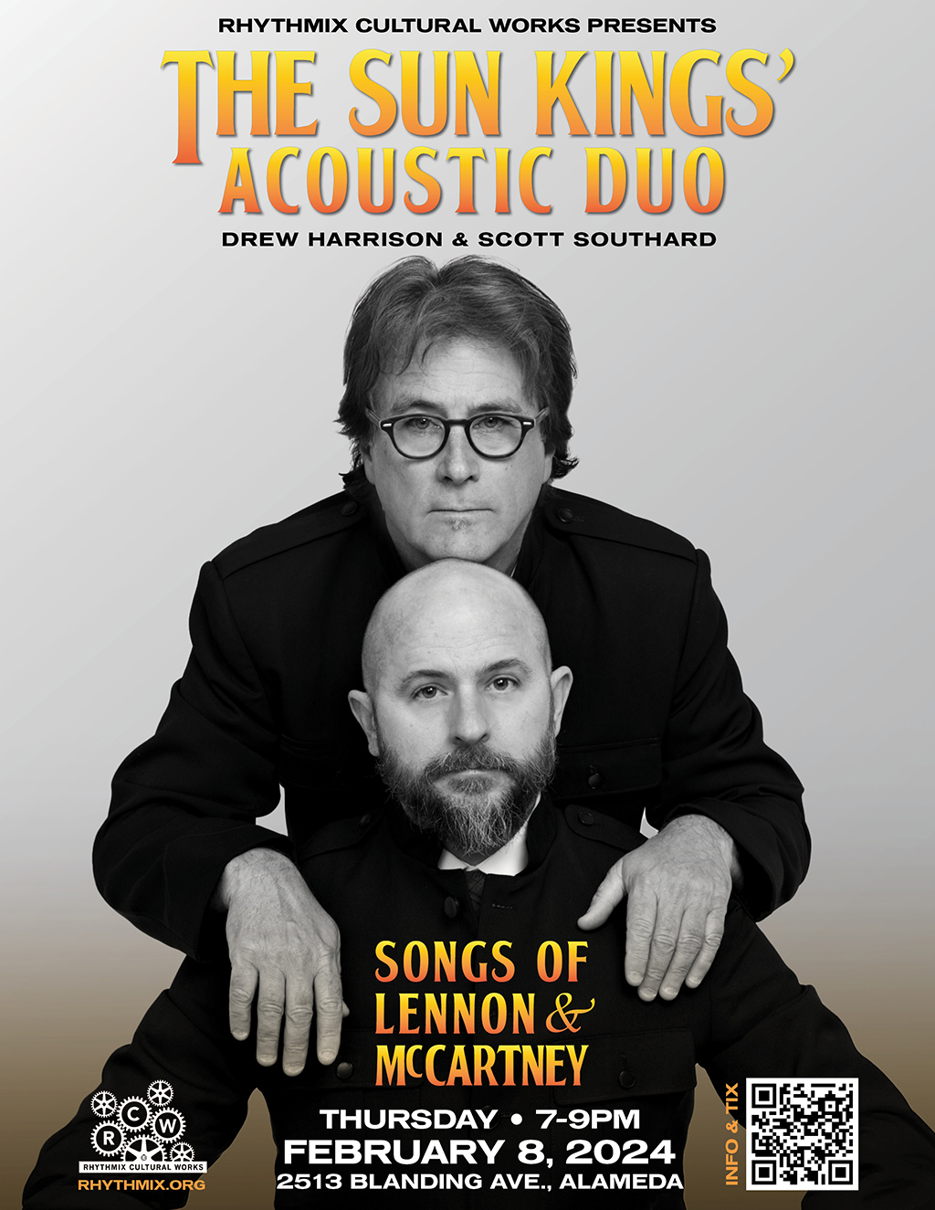 Rhythmix Cultural Works Rhythmix Cultural Works Presents The Sun Kings  Acoustic Duo  Drew Harrison   Scott Southard  Songs of Lennon   McCartney promotion flier on Digifli com